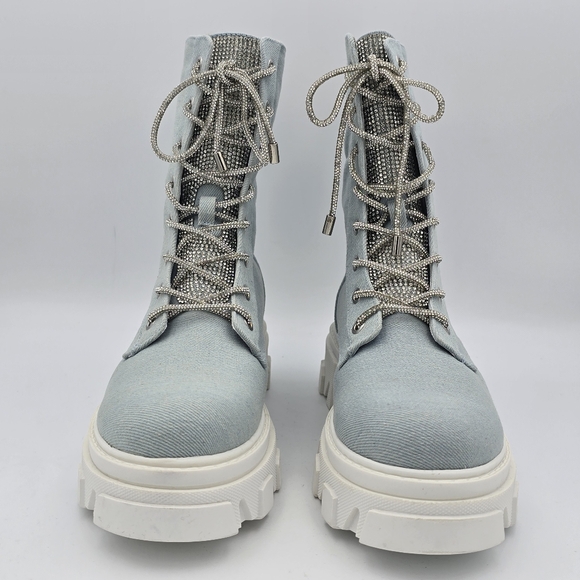 NWOT Cape Robbin Nunani Lace-up Rhinestone Combat Boots, Denim (Light Blue), 9 - Picture 2 of 16